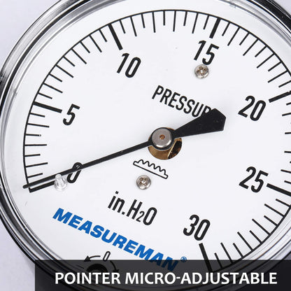 MEASUREMAN Diaphragm Type Capsule Low Pressure Gauge 2-1/2" Dial, 1/4" NPT Lower Mount, Adjustable, 0-30 in H2O(Inches of Water)