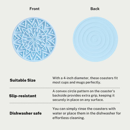 Set of 6 Baby Blue Silicone Coasters with Holder, Drink Coasters with Tribal Pattern Shape- for Table Protection, Anti Slip, Nonstick, Heat Resistant, Deep Tray