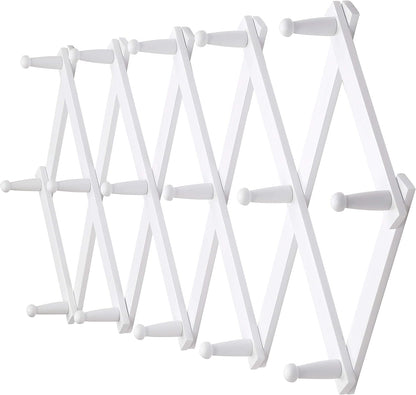 Dseap Accordian Wall Hanger: 16” High Wooden Wall Expandable Coat Rack, Hat Rack Holder, Accordion Hook for Baseball Caps, Coats, Mugs, 16 Peg Hooks, White