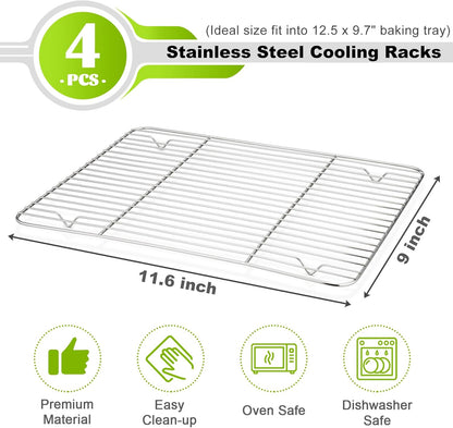 P&P CHEF Baking Cooling Rack Set for Cooking Roasting, 4-Piece Stainless Steel Wire Racks for Oven Use, Healthy & Dishwasher Safe, Rectangle, 11.6 Inch