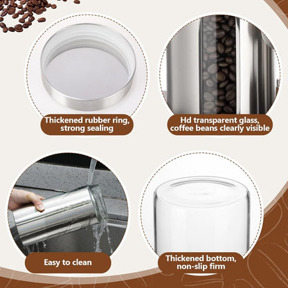 Suclain Stainless Steel Coffee Grounds Canisters with Shelf 3 x 50oz Sugar Coffee Bean Storage Container with Airtight Threaded Lid, Glass Window, Scoop Kitchen Storage Jar Set for Bar Creamer Nut Tea