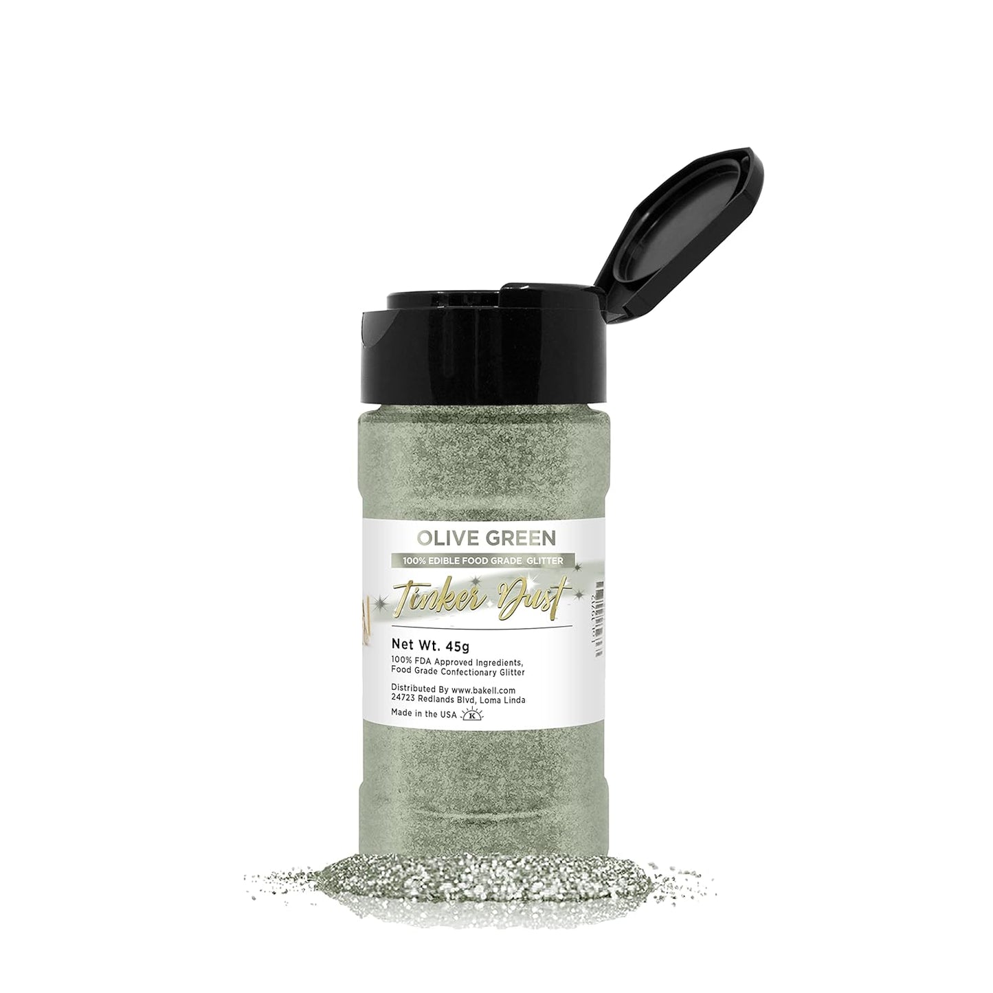 Olive Green BAKELL Edible Glitter, 45 Grams | TINKER DUST Edible Glitter | KOSHER Certified | 100% Edible Glitter | Cakes, Cupcakes, Cake Pops, Drinks, Dessert Vegan Glitter & Dusts (45g Shaker, Olive Green)