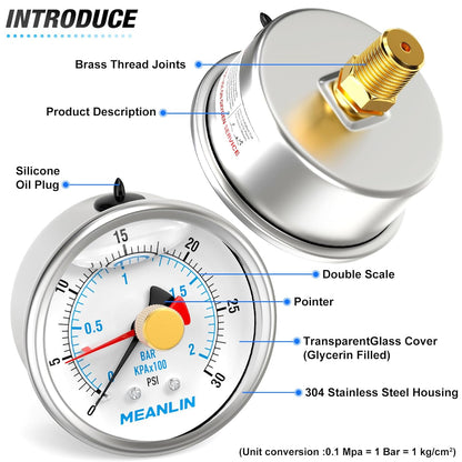 MEANLIN MEASURE 0~30Psi Stainless Steel 1/4" NPT 2.5" FACE DIAL with Reset Pointer Liquid Filled Pressure Gauge WOG Water Oil Air, Back Mount, with Brass Hex Bushing