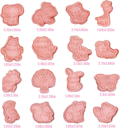 16pcs Animal Cookie Cutter Stamps Set, Lion, Panda, Forest Themed Plunger Stampers for Baking, Plastic Biscuit Molds for DIY Cookies, Cake Decor(J16)