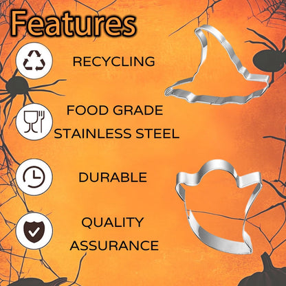 5-PIECE Halloween Cookie Cutters Set Stainless Steel cookie cutter molds Pumpkin, Bat, Ghost, Witch's Hat, Cat Cat Cookie Cutters Holiday Decorative Party Supplies