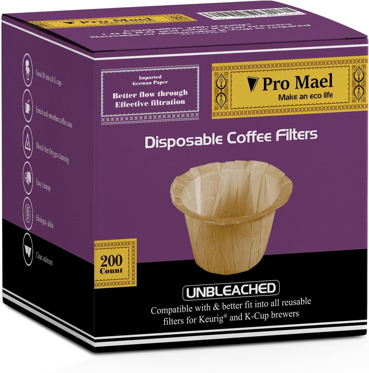Pro Mael Disposable K Cup Filters, Coffee Filter Paper for Keurig Brewers Single Serve 1.0 and 2.0, Use with Reusable K Cup Pods, Natural Unbleached (200-Count)