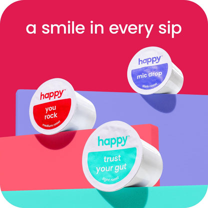 happy coffee medium roast coffee pods, 60 count, notes of chocolate & confidence, compatible with most K-cup brewers, rainforest alliance certified