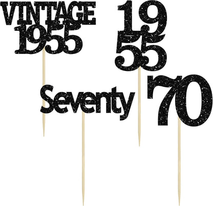 Gyufise 24Pcs Vintage 1955 Cupcake Toppers Glitter Cheers to 70 Fabulous Seventy Cupcake Picks 70th Birthday Wedding Anniversary Party Cake Decorations Supplies Black