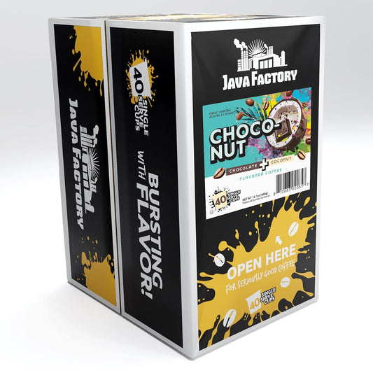 Java Factory Coffee Pods Choconut, 40 Count - Chocolate Coconut Flavored, Compatible with Keurig K Cup Brewers, Tropical Delight for Coffee Lovers