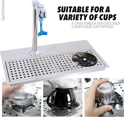 Pitcher Rinser, Stainless Steel Recessed Countertop Cup Washer with Glass Filler Faucet and Drain pan for Home Bar cafe shop (rinser calibre 114MM)