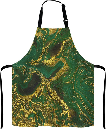 Watercolor Gold Marble Abstract Mineral Green Golden Waves Pattern Adjustable Bib Apron Kitchen Cooking Baking Gardening Apron for Women Men