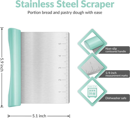 Rainspire Bench Scraper, Stainless Steel Dough Scraper, Pastry Scraper, Pizza and Dough Cutter Multi-Purpose Scraper/Chopper, Pizza Cutter Food Chopper Baking Supplies Kitchen Gadgets, Mint Green