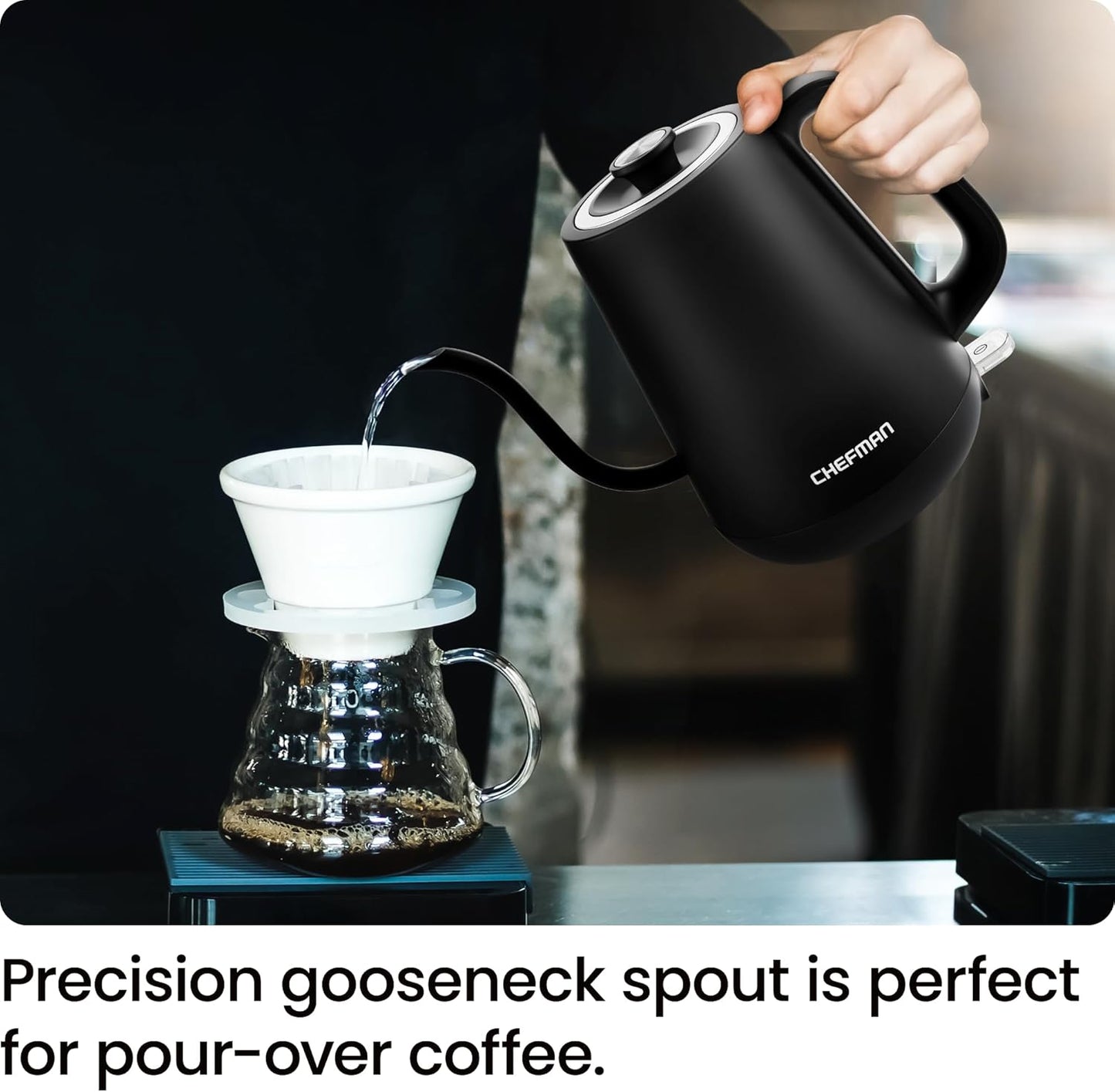 Chefman Gooseneck Electric Kettle, 0.8L Pour Over Tea Kettle for Coffee and Tea, One-Touch Operation, Boil-Dry Protection, Auto Shut-Off, Ultra-Fast Hot Water Boiler – Black