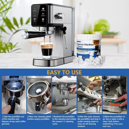 Espresso Machine Cleaning Tablets Descaling -200 Tablets, Compatible with Breville Barista Express, Gaggia, Delonghi, Jura, Philips - Universal Coffee Machine Cleaner Solution for Espresso Machines
