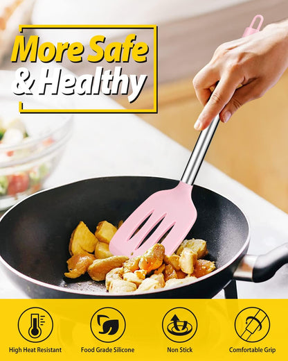 Pack of 4 Silicone Cooking Utensils Set, Non Stick Large Solid Spatulas, Heat Resistant Pink Slotted Spoons, Ideal BPA Free Kitchen Turners for Frying, Mixing,Serving,Draining,Turning,Stirring
