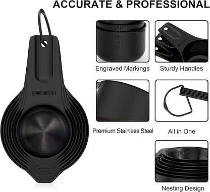 21 Pcs Stainless Steel Measuring Cups and Spoons Set, Wildone Stackable Metal Measuring Cups and Spoons for Cooking & Baking, Includes 7 Cups, 9 Spoons and 5 Mini Spoons（Black）