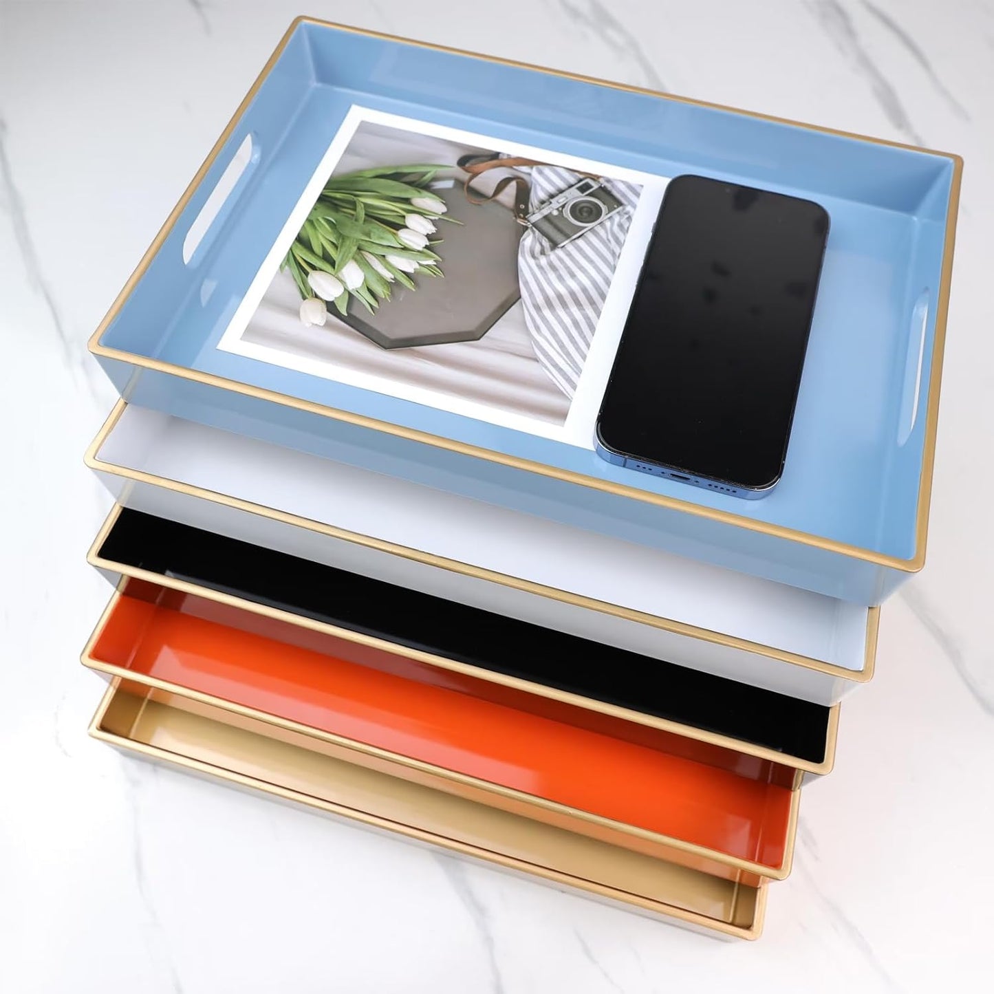 Spsyrine Blue Bathroom Vanity Tray with Handles for Dresser Tops, Countertop, Perfume Decorative Tray, 11.8” * 7.87” *1.37”