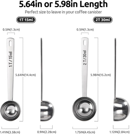U-Taste Coffee Scoop 2 Tablespoon: 18/8 Stainless Steel Measuring Scooper for Ground Coffee, Bean, Powder, Espresso, 4.3in Long Handle Metal Measure Spoon for Canister, Jar (1Tbsp+2Tbsp / 15ml+30ml)