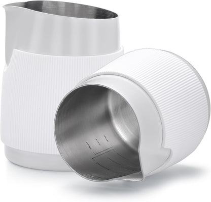 Normcore Handleless Milk Pitcher with Sharp Spout, Espresso Steaming Pitcher, 18/8 Stainless Steel Milk Frothing Jug, Premium Barista Tools, Non-stick coating White,15.2 oz (450 ml)