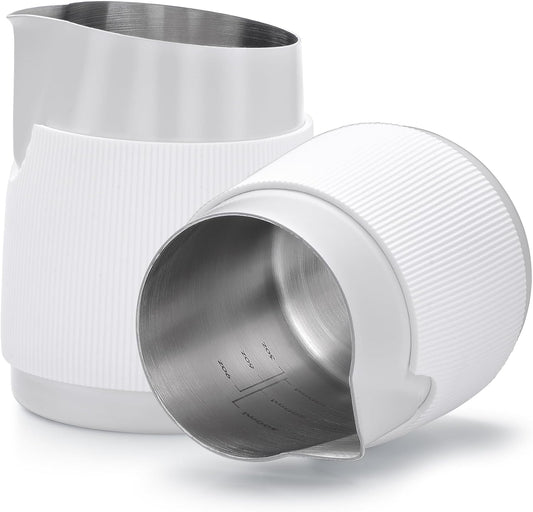 Normcore Handleless Milk Pitcher with Sharp Spout, Espresso Steaming Pitcher, 18/8 Stainless Steel Milk Frothing Jug, Premium Barista Tools, Non-stick coating White,15.2 oz (450 ml)