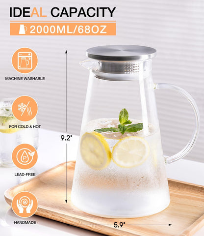 Glass Pitcher with Lid and Handle, 2 Liter 68oz Water Pitcher with Spout for Fridge, Borosilicate Glass Jug for Hot/Cold Drink, Large Ice Tea Carafe for Juice, Coffee, Sangria, Beverage