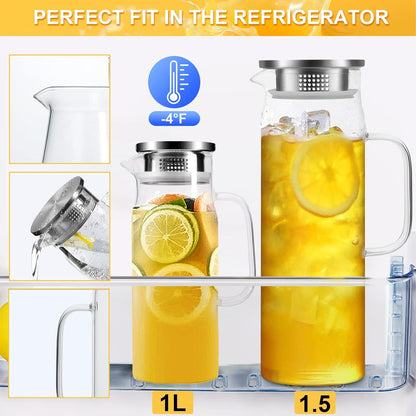 Yirilan Glass Pitcher, 1.5liter Glass Pitcher With Lid, Carafes and Pitchers, Iced Tea Pitcher, Water Carafe With Handle, Heat Resistant Borosilicate Glass Jug, Beverage Pitcher, Tea Jug With Brush