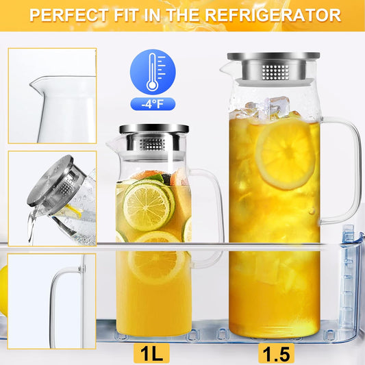 Glass Pitcher, 34 oz / 1 Liter Glass Pitcher with Lid, Glass Water Pitcher, Glass Carafe with Lid