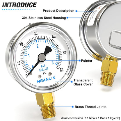 MEANLIN MEASURE 0~60Psi Dry Pressure Gauge Stainless Steel 1/4" NPT 2" FACE DIAL Waterproof for Pool Filter Pump Oil Air Compressor Tire Pressure Tester Lower Mount with 1/2" NPT and 3/8" NPT Hex Bush