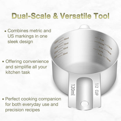 1PCS 1/2Cup (120ml, 4oz) Single Measuring Cup, Etched Inner Scale Stainless Steel Measure Scoop, Metric and US Measurement, Dishwasher Safe