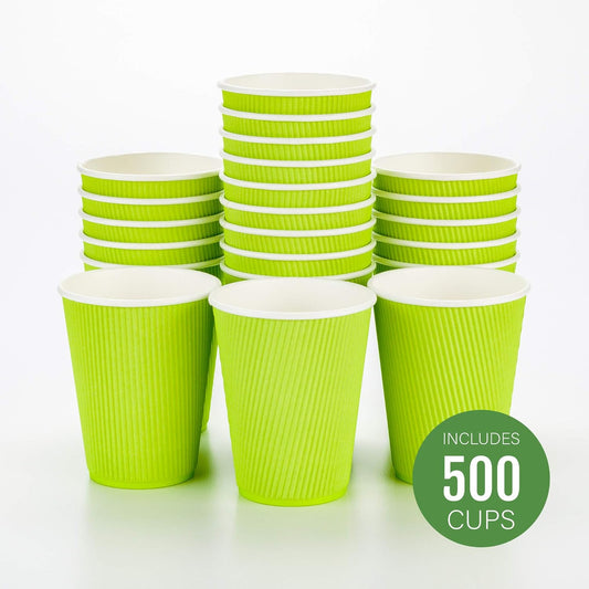 Restaurantware-12 Ounce Disposable Coffee Cups, 500 Ripple Wall Hot Cups For Coffee - Lids Sold Separately, Rolled Rim, Green Paper Insulated Coffee Cups, For Hot Coffee, Tea, And More