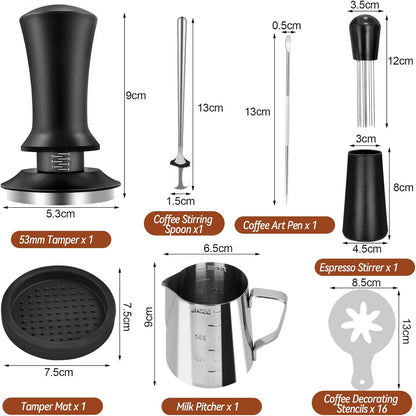 53mm Coffee Espresso Tamper Set, 22PCS Espresso Machine Accessories with Espresso Tamper, WDT Tool, Coffee Stirrer, Frothing Pitcher, Latte Art Pen, Tamper Mat, Coffee Stencils for Espresso Machine