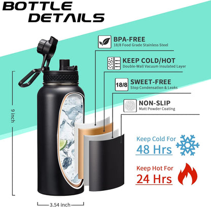 32-40-64OZ Stainless Steel Water Bottle - Black Water Bottle with Straw & Spout Lid, Paracord Handle & Bottle Sleeve, Insulated Vacuum Water Flask Double-Wall Metal Thermo Cup Canteen for Gym School