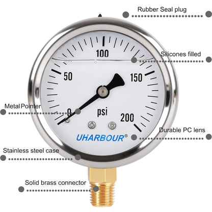 Glycerin Filled Pressure Gauge with 304 Stainless Steel Case, 2.5" Dial Size, 0-200Psi, High Accuracy, 1/4" NPT Center Lower Mount with Single Scale (psi).…