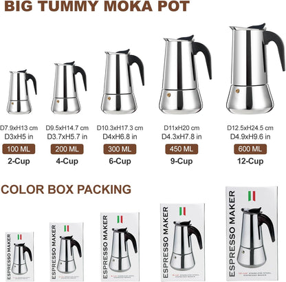 4 Cup Stovetop Espresso Maker Stainless Steel Moka Pot Stove Top Percolator Italian Coffee Makers Capable Mocha Greca Machine Cafe Classic Induction Cookers for Home and Camping 200ml 6.6oz