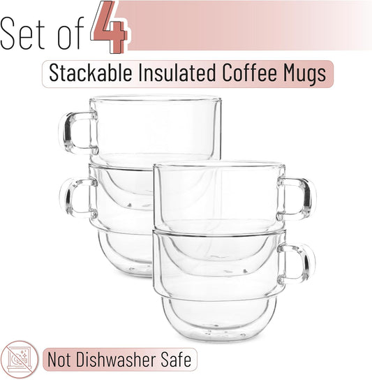 BTaT- Stackable Insulated Coffee Mugs, 4 Pack 12 oz(350 ml), Ideal for Hot and Cold Drinks, Stackable Cappuccino Cups, Double Wall Glass Coffee Cups, Tea Cups, Latte Cups, Latte Mug