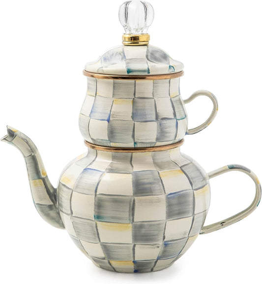 MACKENZIE-CHILDS Enamel High-Tea Teapot, Cup, and Lid, Cute Teapot and Teacup Combo, Gray-and-White Sterling Check