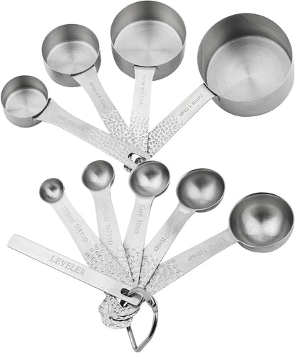 Measuring Cups and Spoons Set 10, 18/8 Stainless Steel Measuring Cups and Spoons Set for Baking & Kitchen, Metric & US Metal 4 Measuring Cups and 5 Measuring Spoons with 1 Leveler
