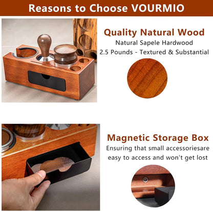 54mm Espresso Tamping Station - 8 in 1 Espresso Organizer for Storage 51/53/54mm Coffee Tamper, Distributor, Portafilter & Puck Screen Accessories, Wooden Tamper Station