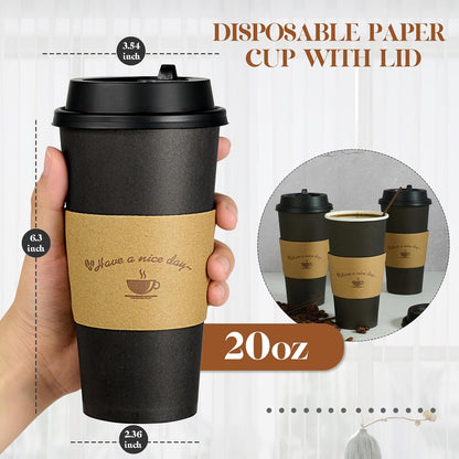 LITOPAK 50 Pack 20 oz Paper Coffee Cups for Hot Chocolate Drinks, Black Disposable Coffee Cups with Lids, Sleeves and Stirring Sticks for Parties, Picnic, Travel, and Events