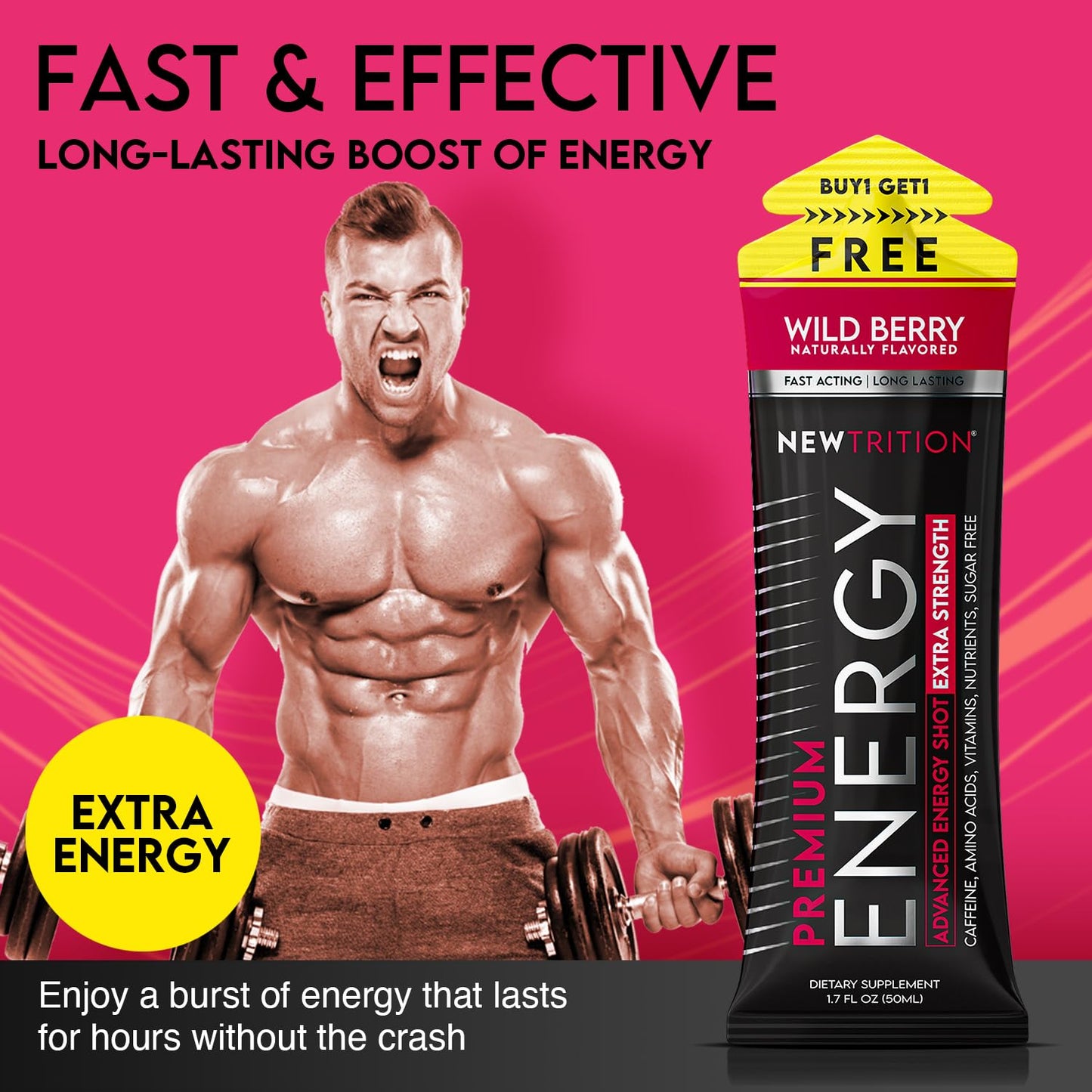 NewTrition® Extra Strength Energy Shots, 250mg Caffeine Energy Shots with Vitamin B & Amino Acids, Sugar-Free Vitamin Energy Shot, 1.7 fl oz (Pack of 24, Wild Berry)