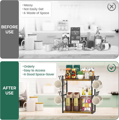 EsLuker.ly Coffee Station Bar Organizer Mug Holder Stand Countertop, 2 Tier Mug Cup Tree Rack for Kitchen Office, Storage Shelf with 12 Hooks, Creat Stylish Coffee Corner