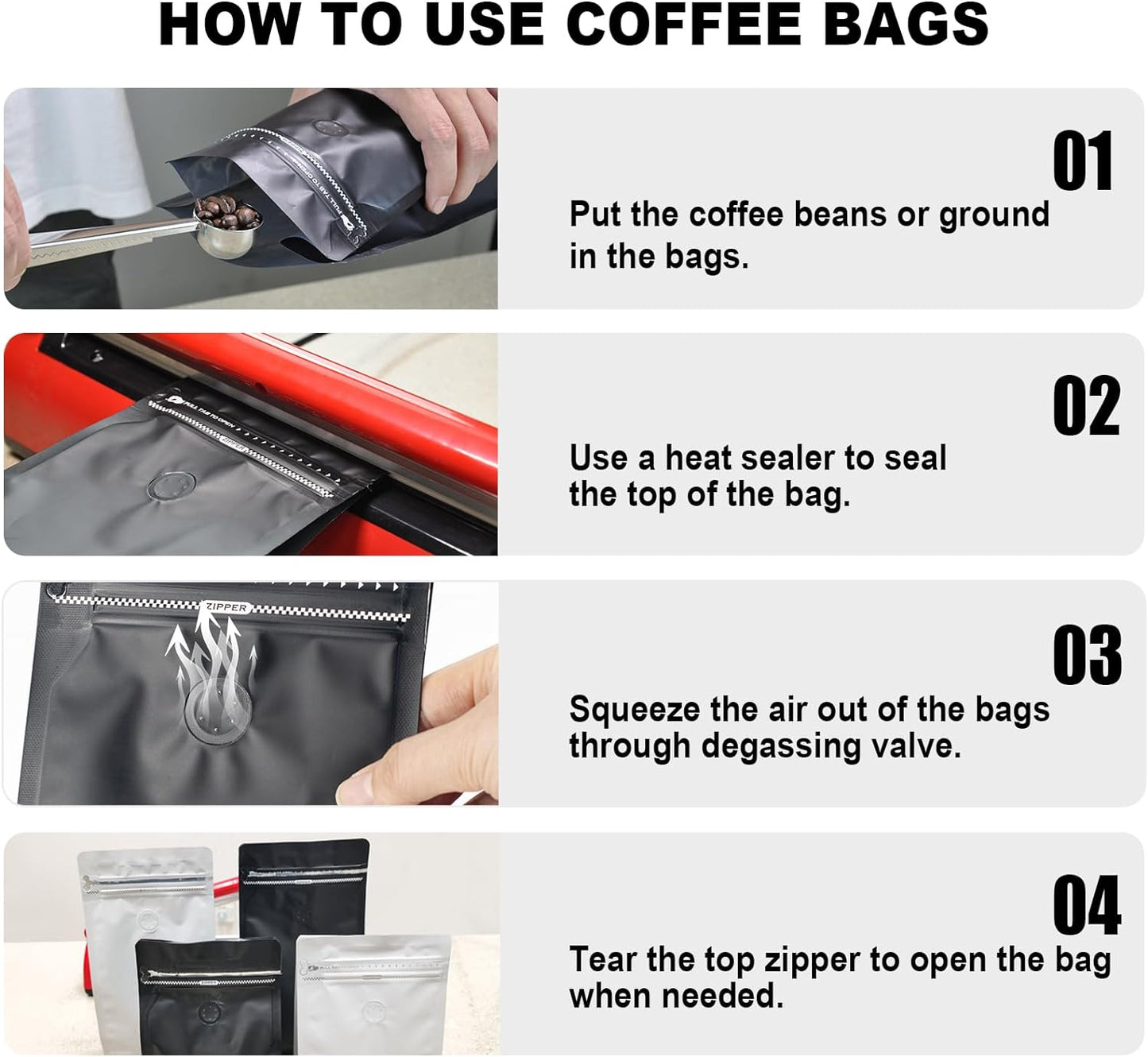Coffee Bags with Valve(60pcs,8 oz,1/2 lb) Vented Coffee Beans Packaging Bags High Barrier Aluminumed Foil Flat Bottom Heat Sealed Side Zipper Resealable Storage Bag for Home or Business（White+Black）