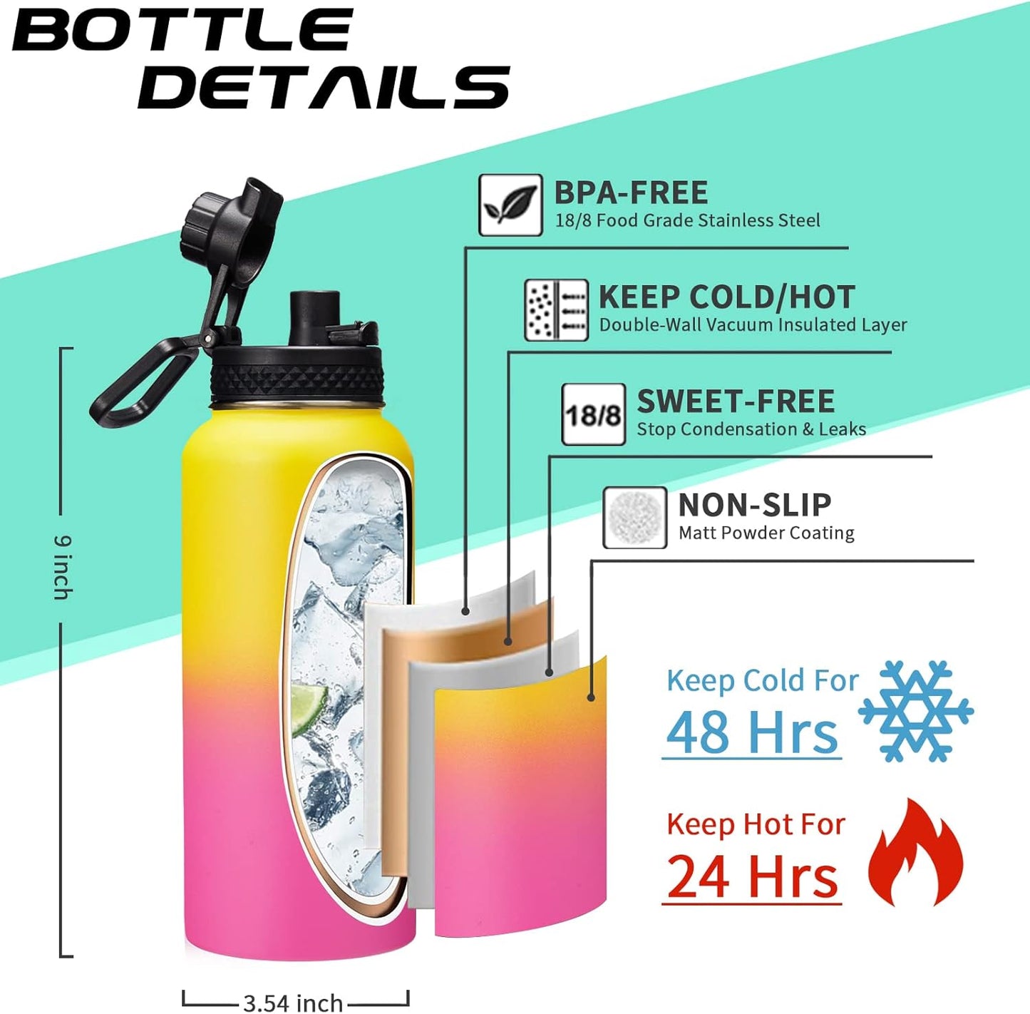 32/40/64oz Insulated Water Bottle with Paracord Handle, Sleeve Carry Strap, Straw Spout Lid, Wide Mouth Metal Canteen Sports Thermo Mug, Leak & Sweat Proof Cold Flask Jug for Camping Traveling