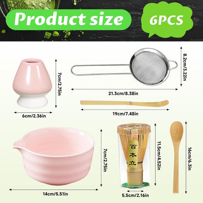 Matcha Set, 6 Pcs Matcha Whisk Set with 20 oz Bowl, Bamboo Whisk for Matcha Tea, Matcha Bowl, Ceramic Matcha whisk Holder, Stainless Sifter and Scoop - Gift for matcha kit Lovers（Pink）