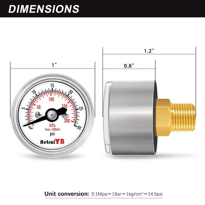 Mini1 Inch Pressure Gauge, 0-30 Psi Air Gauge, Stainless Steel Case, 1/8" NPT Back Mount, Pressure Gauge for Water Air Pressure Test