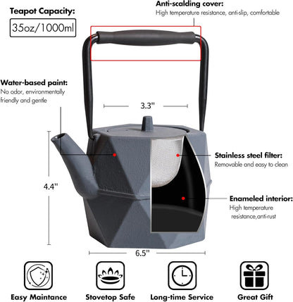 Cast Iron Teapot, 35oz Tea Kettle Stovetop Safe with Infuser for Tea Coffee, Japanese Minimalist Diamond Pattern Tea Pot with Enameled Interior, 1000ml Grey