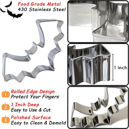 Halloween Cookie Cutters Large 7Pcs, Bat Pumpkin Magic Hat Cat Cookie Cutter, Sturdy Easy to Clean & Demold Pancake Dough Molds for Halloween Baking