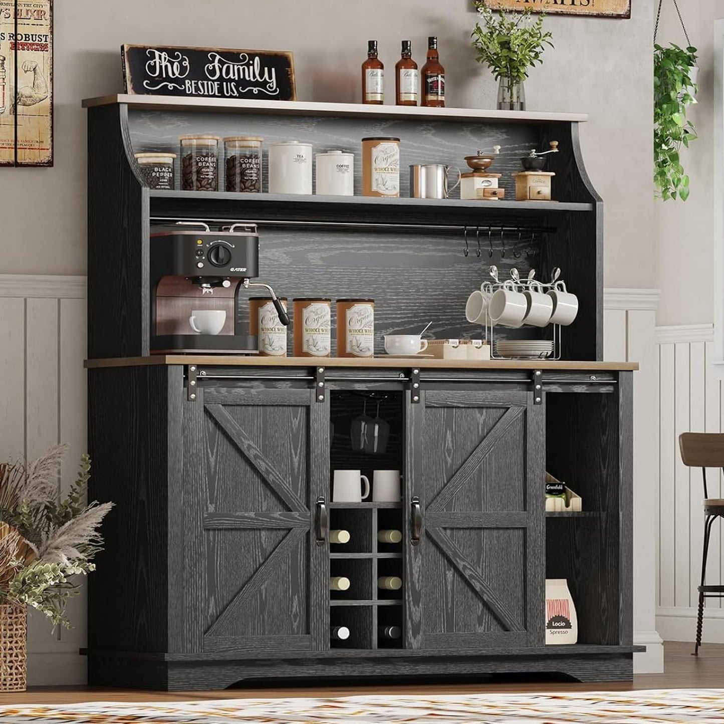 47 Inch Farmhouse Coffee Bar Cabinet with 3-Tier Storage, Coffee Bar Hutch with 9 Wine Racks, 3 Glass Holders, 6 Hooks, Kitchen Hutch for Dining Living Room, Black