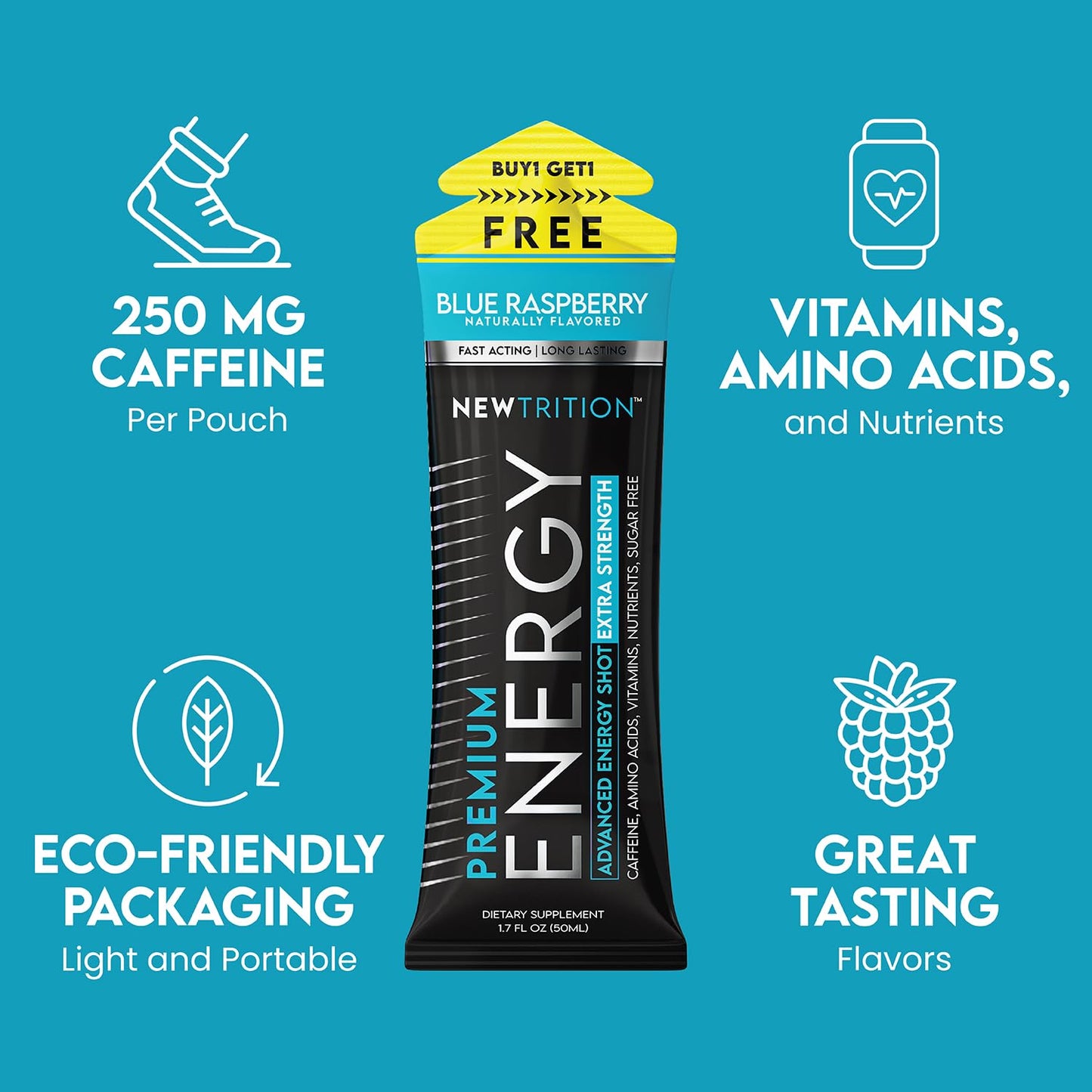 NewTrition® Extra Strength Energy Shots, 250mg Caffeine Energy Shots with Vitamin B & Amino Acids, Sugar-Free Vitamin Energy Shot, 1.7 fl oz (Pack of 6, Blue Raspberry)