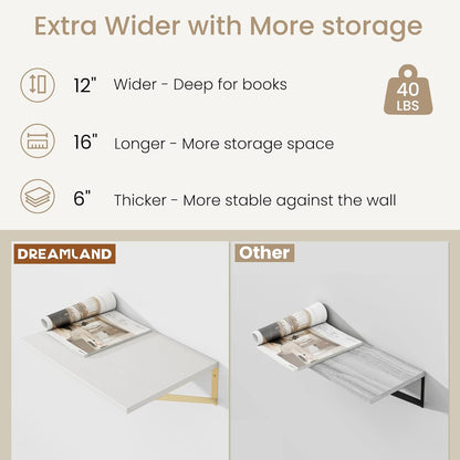 Dreamland Gold Floating Shelves for Wall, Gold Wall Shelf, Large Floating Shelf 12 * 16 inch Set of 2 for Bookshelf Living Room Bedroom Home Office Bathroom